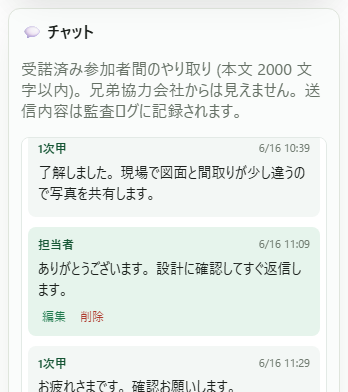 モバイル版の案件チャット画面。 メッセージが時系列で表示される。